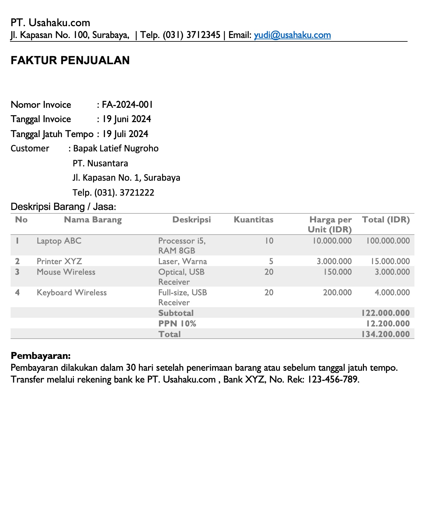 contoh dokumen faktur penjualan