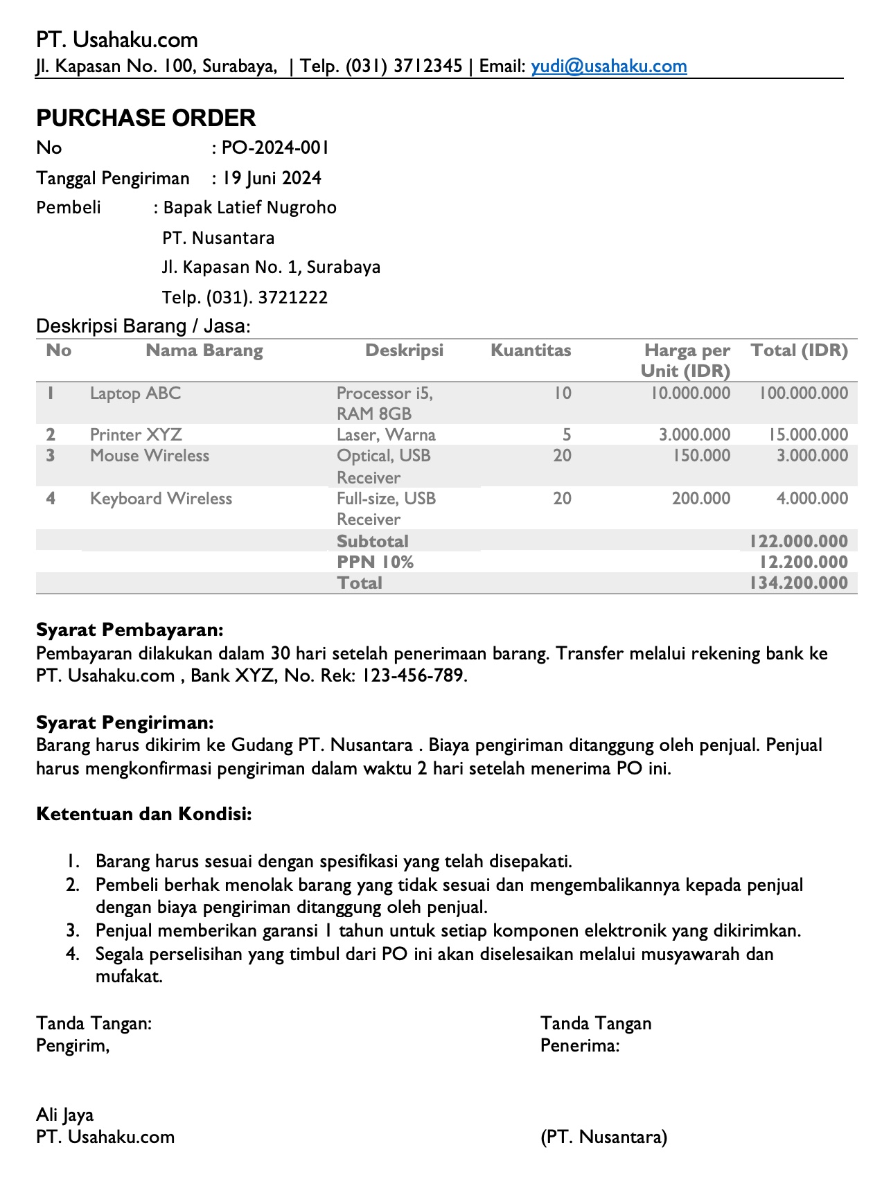 contoh dokumen purchase order