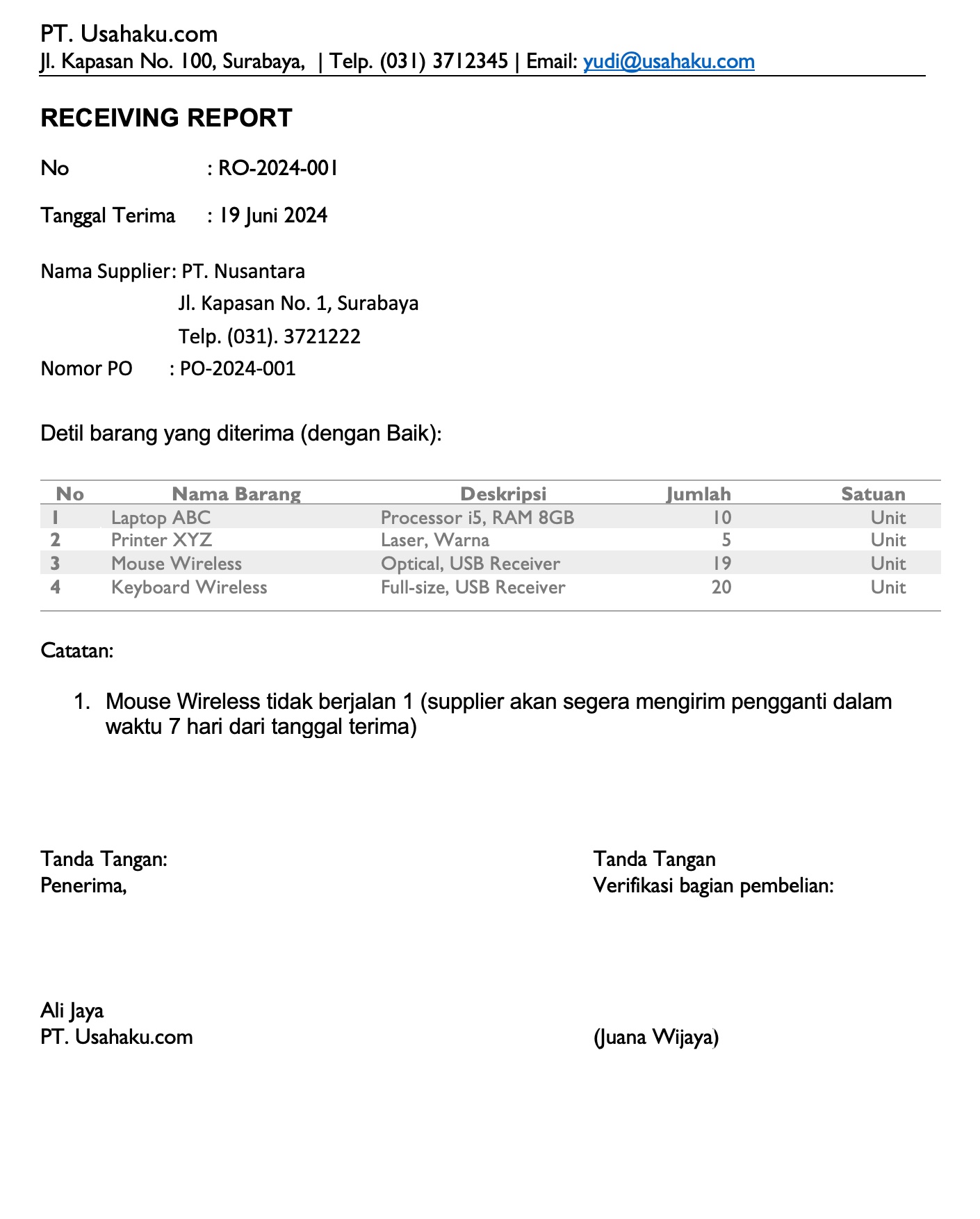 contoh dokumen receiving report