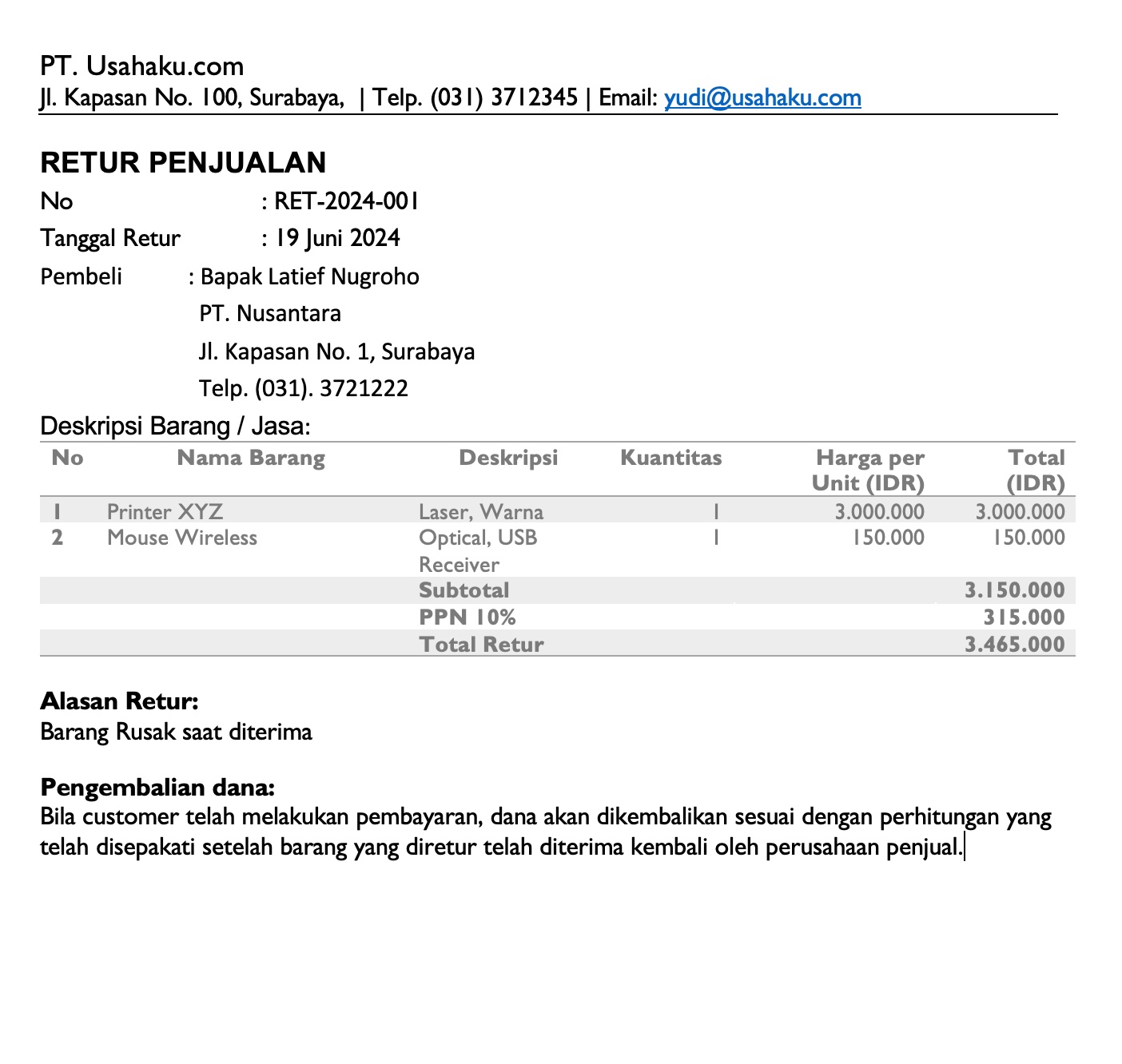 Dokumen Retur penjualan (Nota retur) dan contoh templatenya